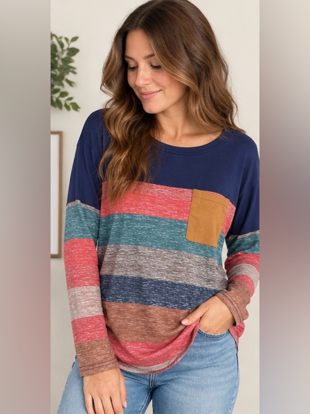 Multicolor Striped Long Sleeve Top with Suede Pocket